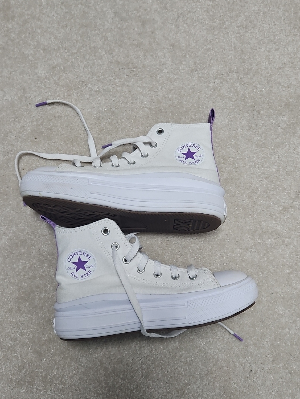 Converse Kids White High-Top Sneakers with Purple Star Accents